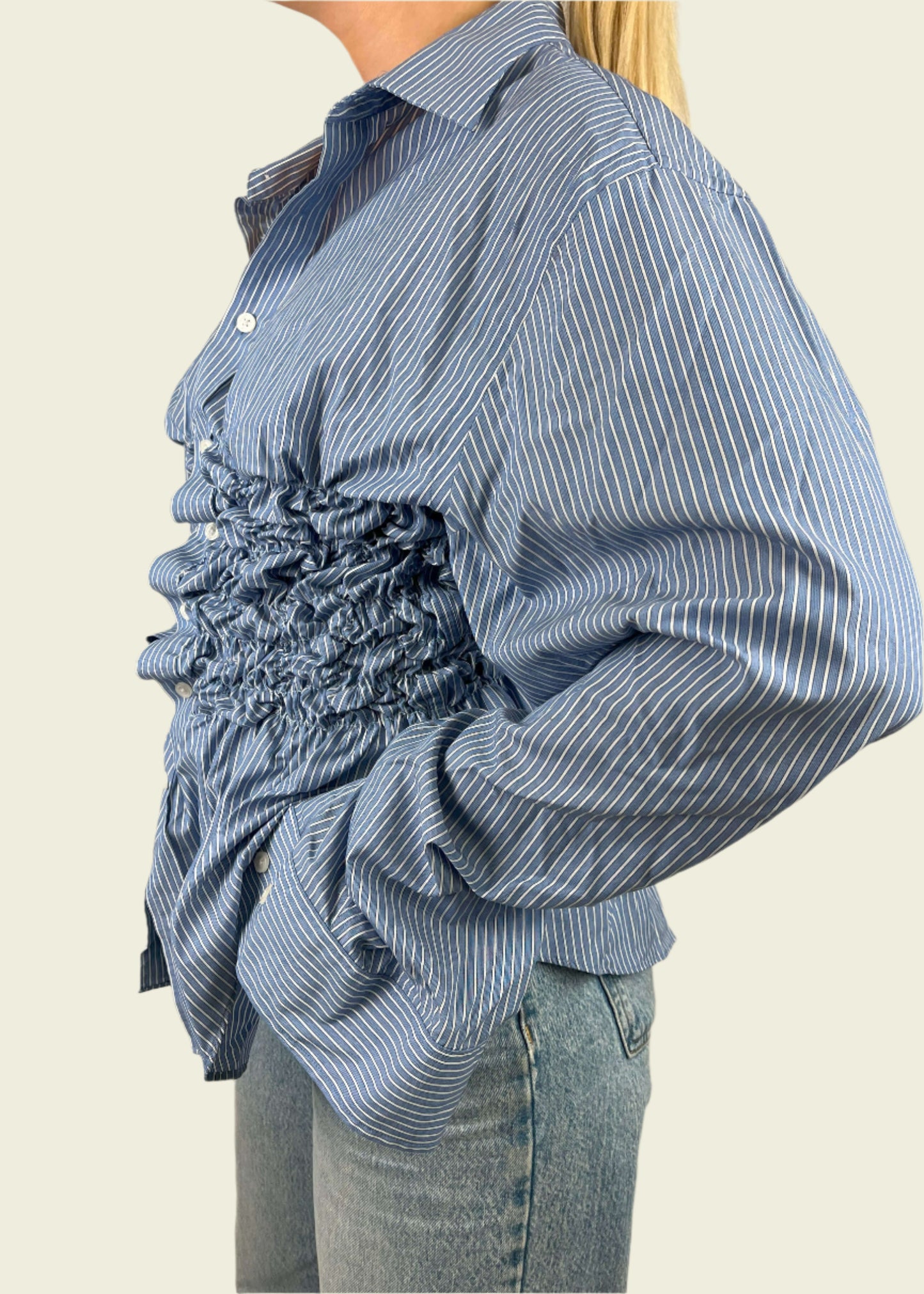 Smocked blue striped shirt (ONE SIZE)